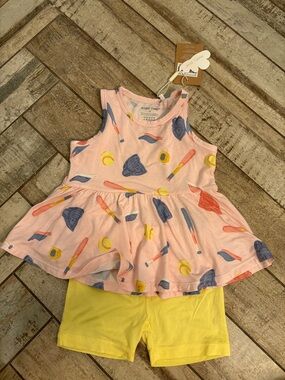 Angel Dear Pink softball Print Peplum Top & Yellow Shorts Set - Kids